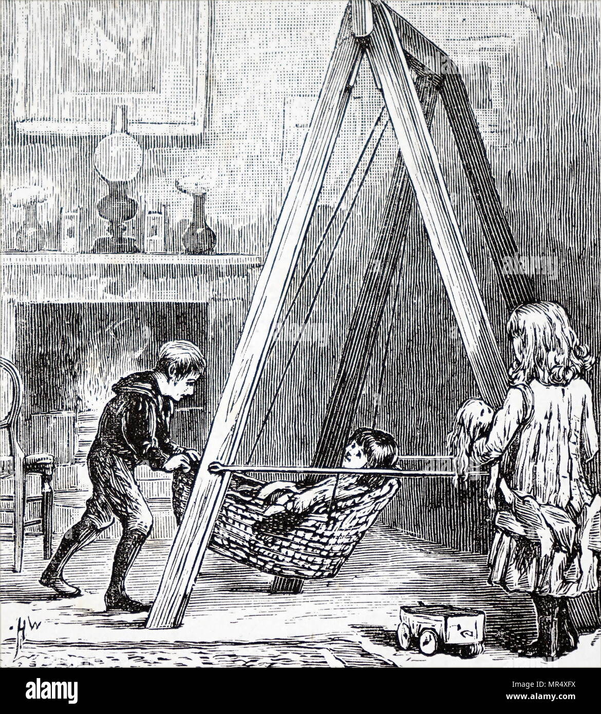 Ilustración mostrando un columpio de interior para niños, situado en el interior del vivero de una casa acomodada. Fecha del siglo XIX Foto de stock