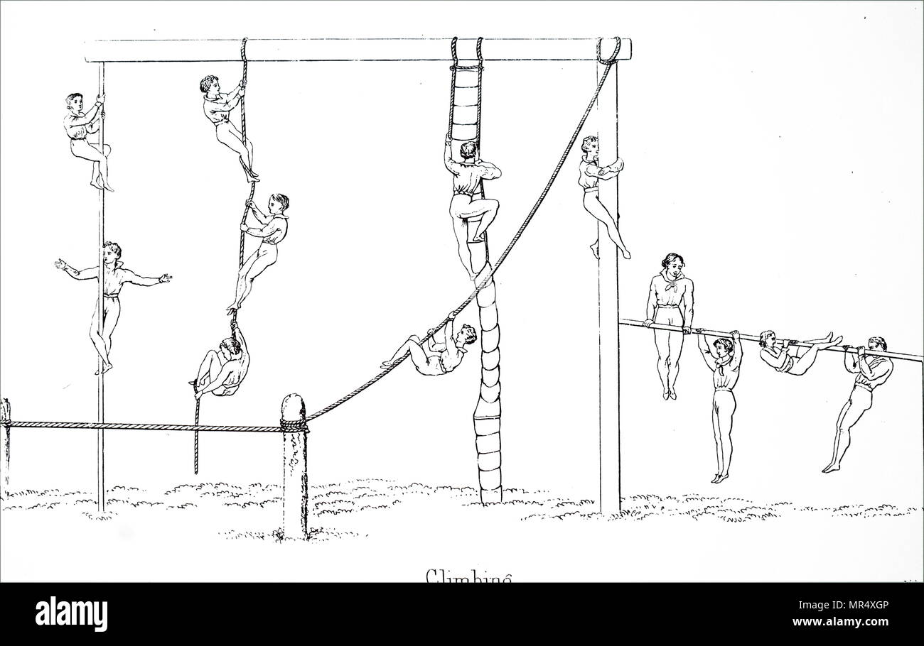 Ilustración mostrando los niños haciendo gimnasia. Fecha del siglo XIX Foto de stock