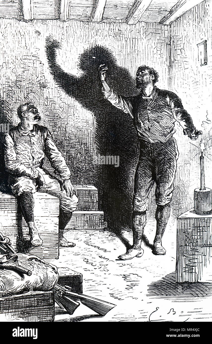 Ilustración que retrata a un hombre con sombras para contar historias. Fecha del siglo XIX Foto de stock