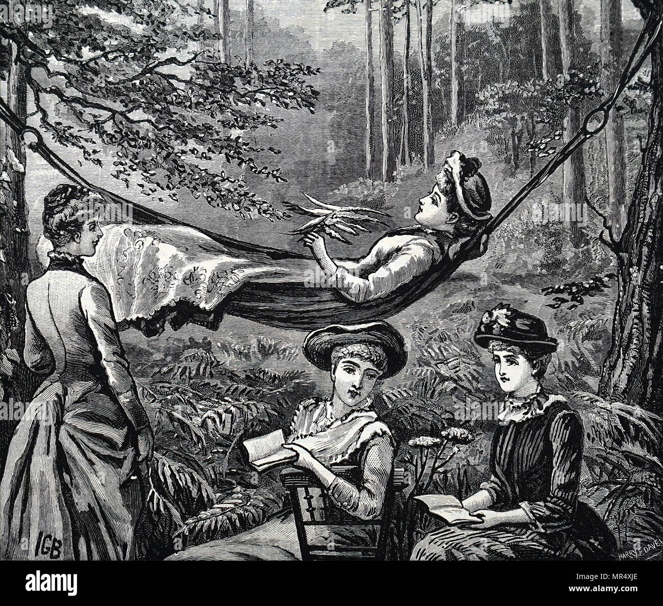 Ilustración mostrando señoritas relajándose en una tarde de agosto. Fecha del siglo XIX Foto de stock
