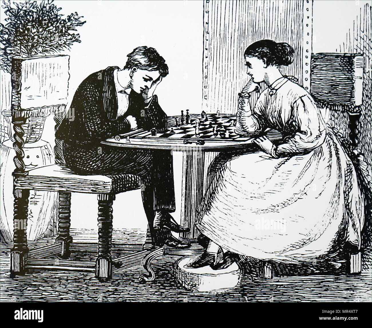 Ilustración mostrando un agradable juego de ajedrez. Fecha del siglo XIX Foto de stock