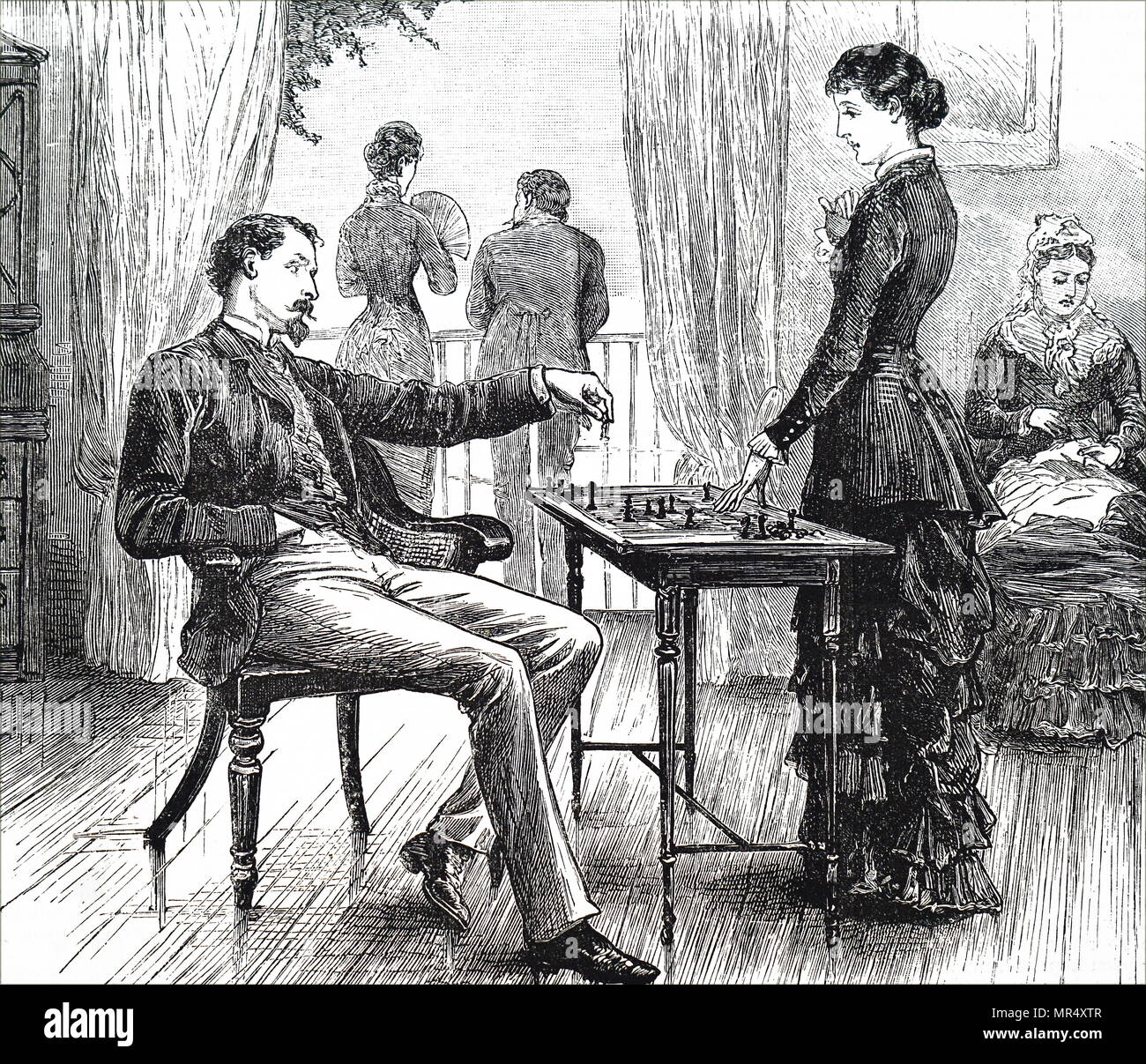 Ilustración mostrando un agradable juego de ajedrez. Fecha del siglo XIX Foto de stock