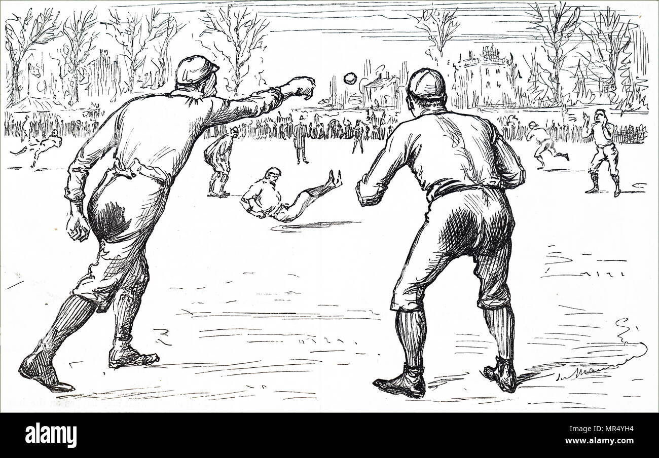 Ilustración representando a los hombres jóvenes a jugar béisbol. Fecha del siglo XIX Foto de stock