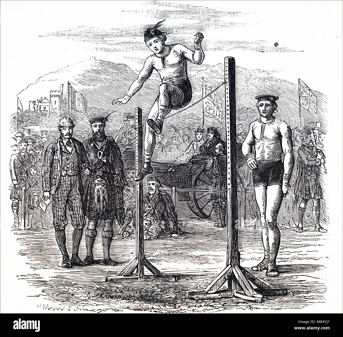 Ilustración que representa un salto de altura en la carrocería durante el Braeuar Highland Games. Fecha del siglo XIX Foto de stock