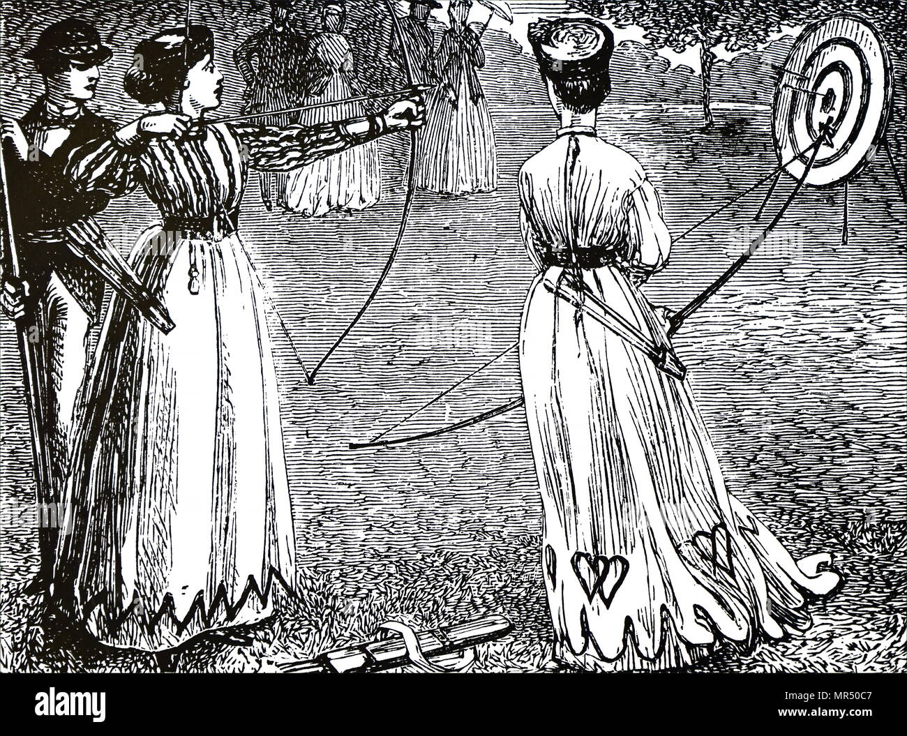 Grabado representando a las señoras jóvenes practican sus habilidades de tiro con arco. Fecha del siglo XIX Foto de stock