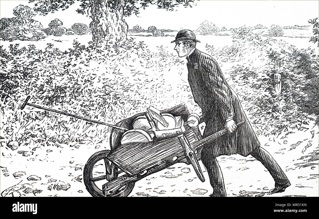 Ilustración mostrando un cepillo redondo utilizado para marcar las pistas de tenis. Fecha del siglo XIX Foto de stock