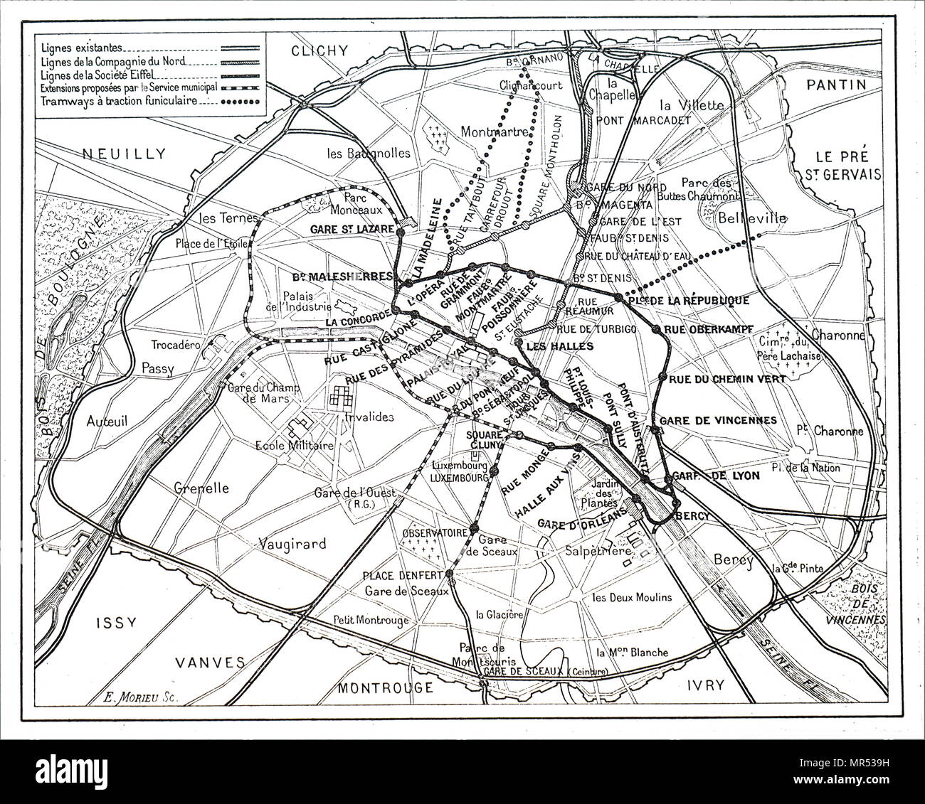 Mapa que ilustra la situación actual y propone líneas del Metro de París. Fecha del siglo XIX Foto de stock