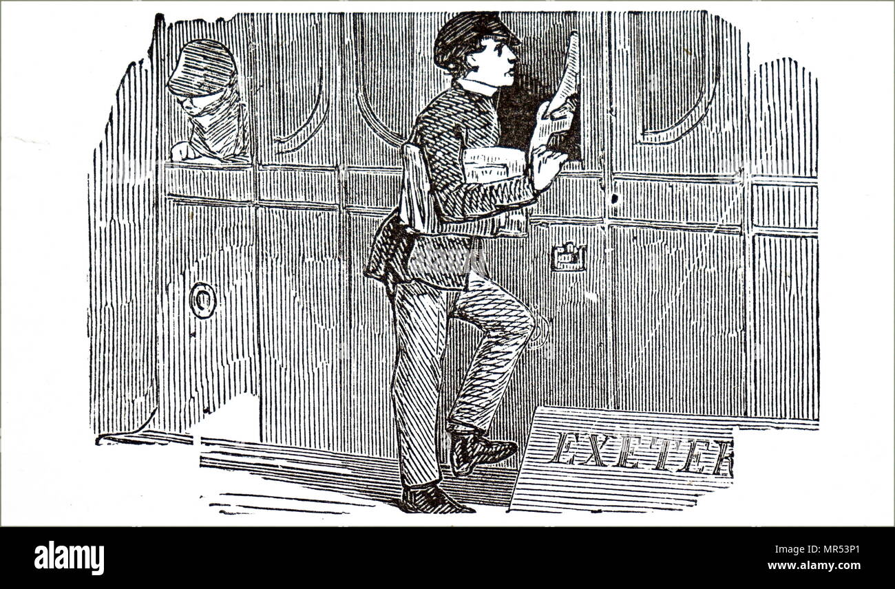 Caricatura de un periódico niño vendiendo papeles para pasajeros de tren. Fecha del siglo XIX Foto de stock