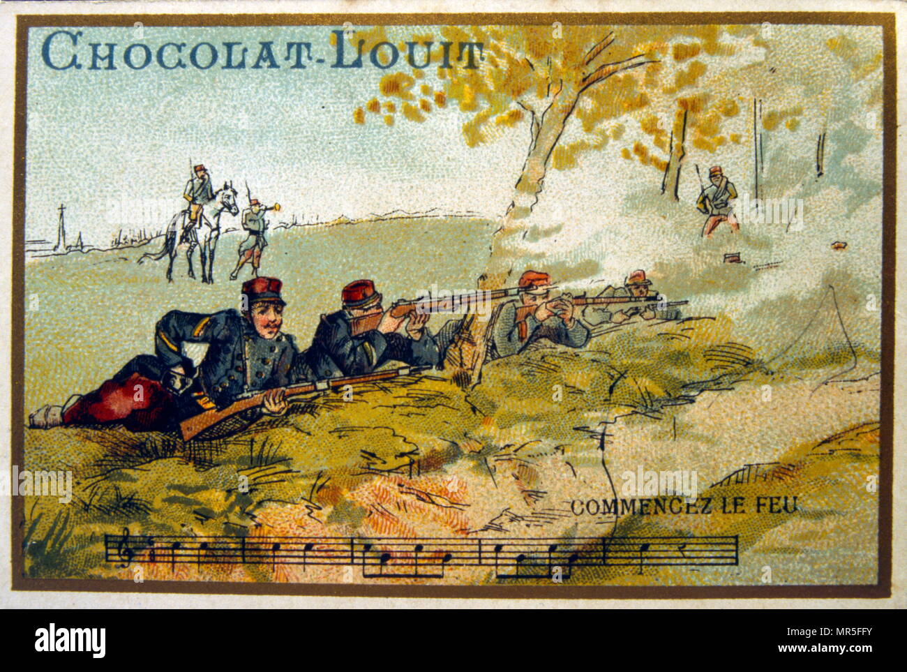 Chromolithograph desde una envoltura de chocolate, circa 1900, representando a los soldados franceses en acción disparando fusiles Foto de stock