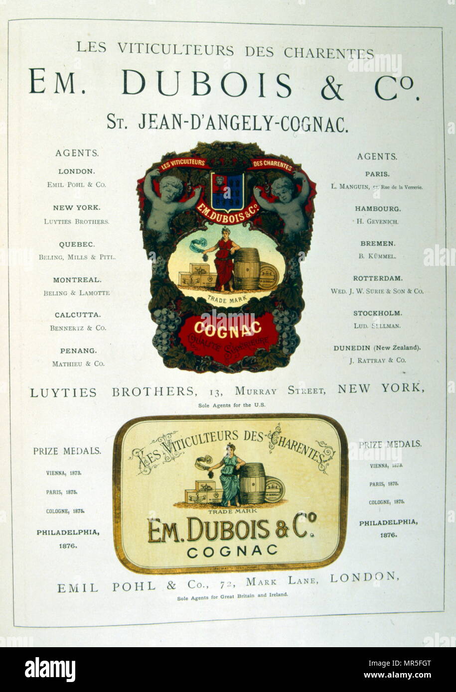 Anuncio para EM Dubois & Co, St Jean D'Angely de Coñac. El brandy, mostrando sus agentes para distribución internacional 1877 Foto de stock