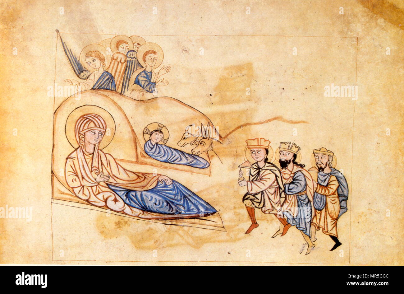 Siglo XIV, manuscrito Evangélica Armenia, la visita de los tres reyes magos hacia el nacimiento de Cristo Foto de stock