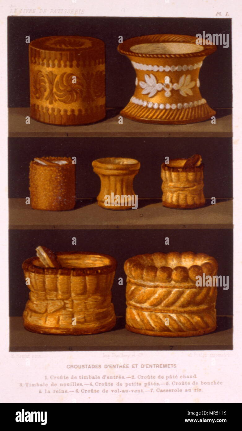 Los casos de pastelería de "Le Livre De Cuisine' de 1867 por Jules Gouffe chromolithograph. Foto de stock