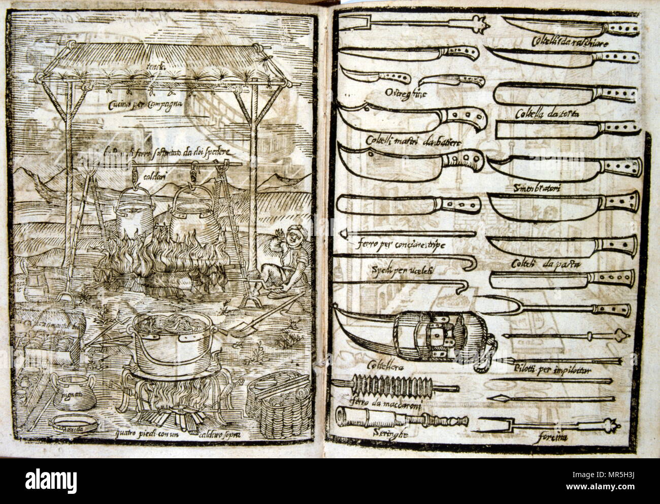Xilografía ilustraciones de un renacimiento y equipo de cocina. Desde la  'Opera dell'arte del cucinare' por Bartolomeo Scappi (c. 1500 - 1577), un  importante chef del Renacimiento italiano. Adquirió fama en 1570