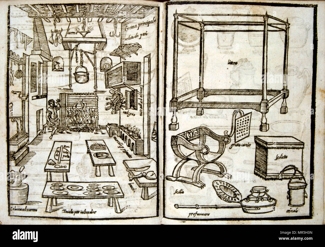 Xilografía ilustraciones de un renacimiento y equipo de cocina. Desde la  'Opera dell'arte del cucinare' por Bartolomeo Scappi (c. 1500 - 1577), un  importante chef del Renacimiento italiano. Adquirió fama en 1570