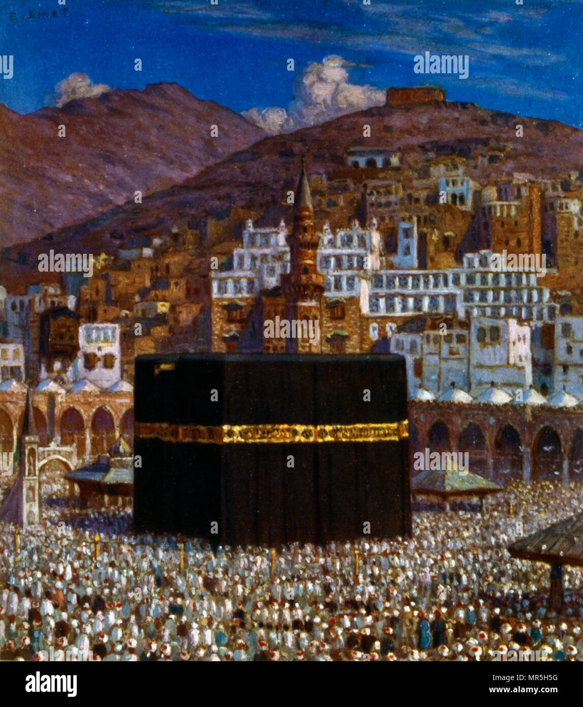 Peregrinos musulmanes a Kabbah en la Meca, por Nasreddine (Alphonse-Étienne Dinet Dinet); 1861 - 1929, un Pintor orientalista francés; 1918. La Meca es el sitio más sagrado en el Islam. Es considerado por los musulmanes como el bayt Allāh, la "Casa de Dios". Los musulmanes se espera hacer frente a la Kaaba al realizar el salat (oración). Uno de los cinco pilares del Islam requiere que todo musulmán que esté en condiciones de hacerlo para realizar la peregrinación al menos una vez en su vida. Varias partes del hayy peregrinos requieren para realizar el tawaf, el Circumambulación siete veces alrededor de la Kaaba en el sentido contrario a las agujas del reloj. Foto de stock