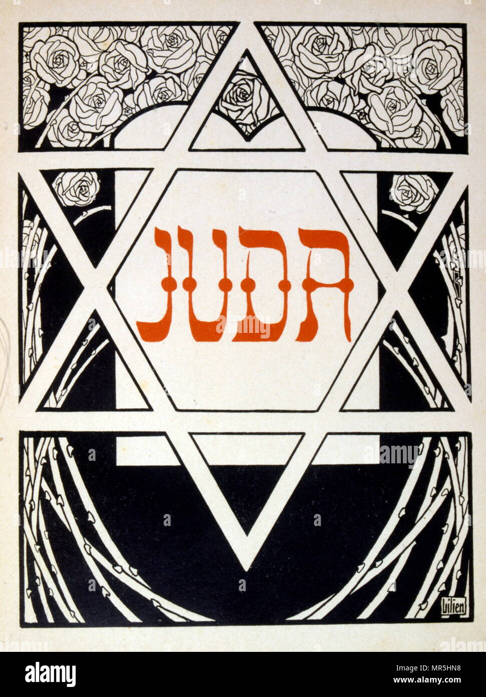 Judá', una colección de baladas por el poeta no-Judía Börries von Münchhausen 1874 - 1945. Ilustrado por Efraín Moisés Lilien (1874-1925), ilustrador y grabador de estilo art nouveau, que destaca por su arte sobre temas judíos. Él es a veces llamado "el primer artista sionista. La relación de Münchhausen al Judaísmo sigue siendo ambivalente: Munchhausen no consideran que la "raza judía" inferior, sino que simplemente quería evitar una "mezcla" con los judíos alemanes. Foto de stock