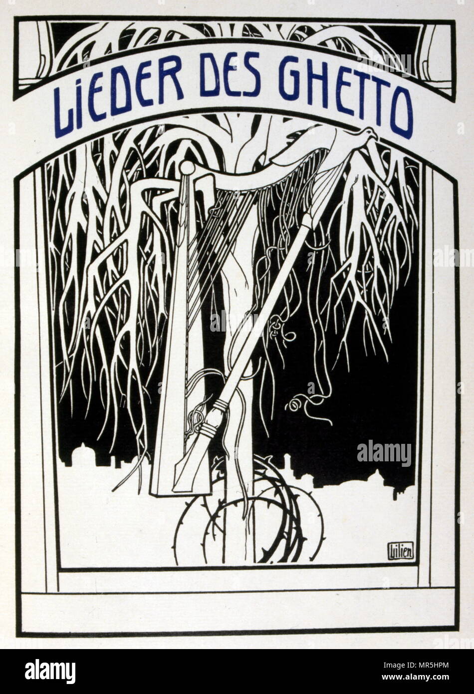 Ilustración de Ephraim á Moisés Lilien 'Lieder des Ghetto" (canciones del ghetto) de 1902, por Morris Rosenfeld (Moshé Jacob alteran) (1862 - 1923); poeta Yiddish. Efraín Moisés Lilien (1874-1925), ilustrador y grabador de estilo art nouveau, que destaca por su arte sobre temas judíos. Él es a veces llamado "el primer artista sionista. Foto de stock