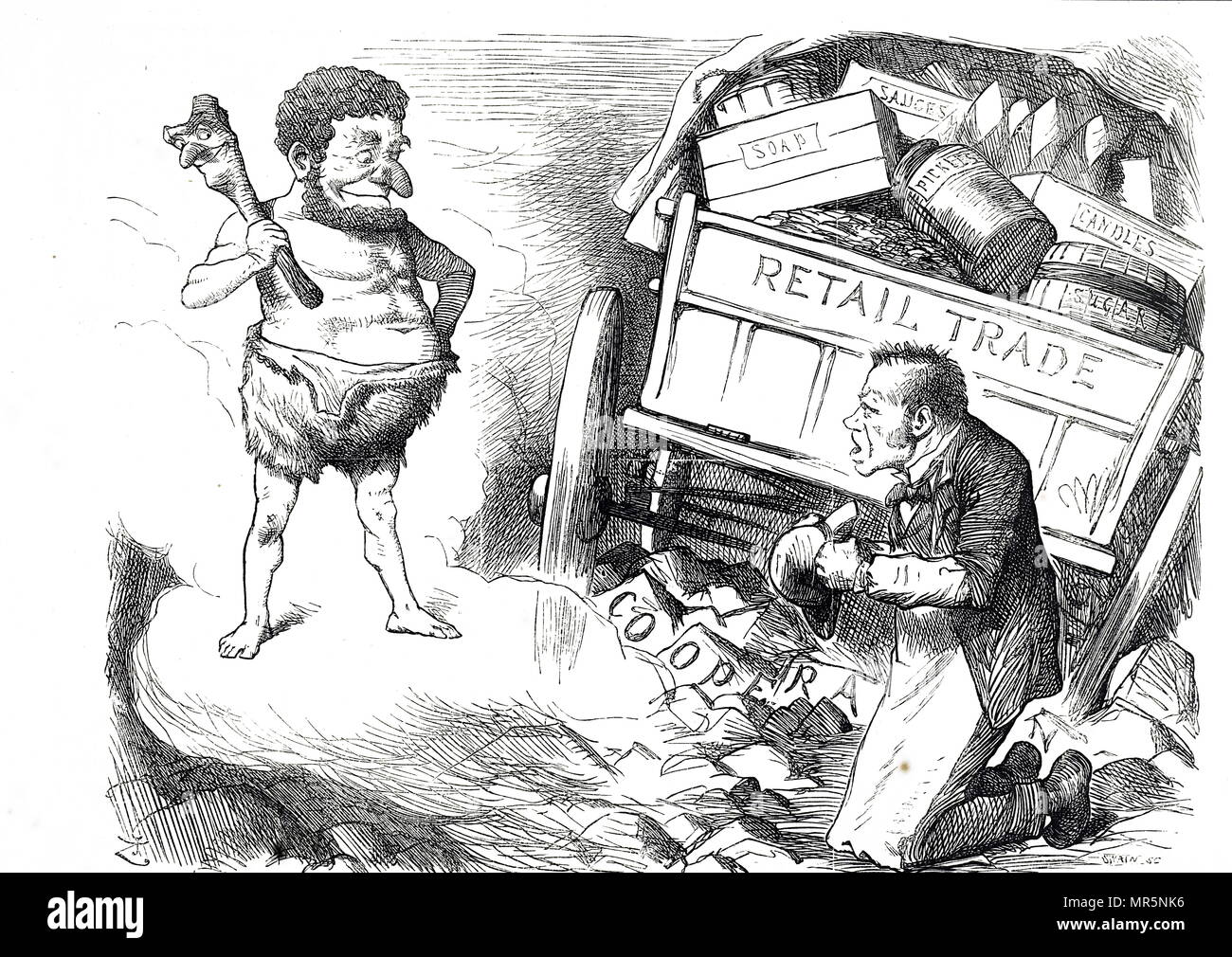 1879 cartoon crítica del movimiento cooperativo. El movimiento cooperativista comenzó en Europa en el siglo XIX, principalmente en Francia y Gran Bretaña, Foto de stock