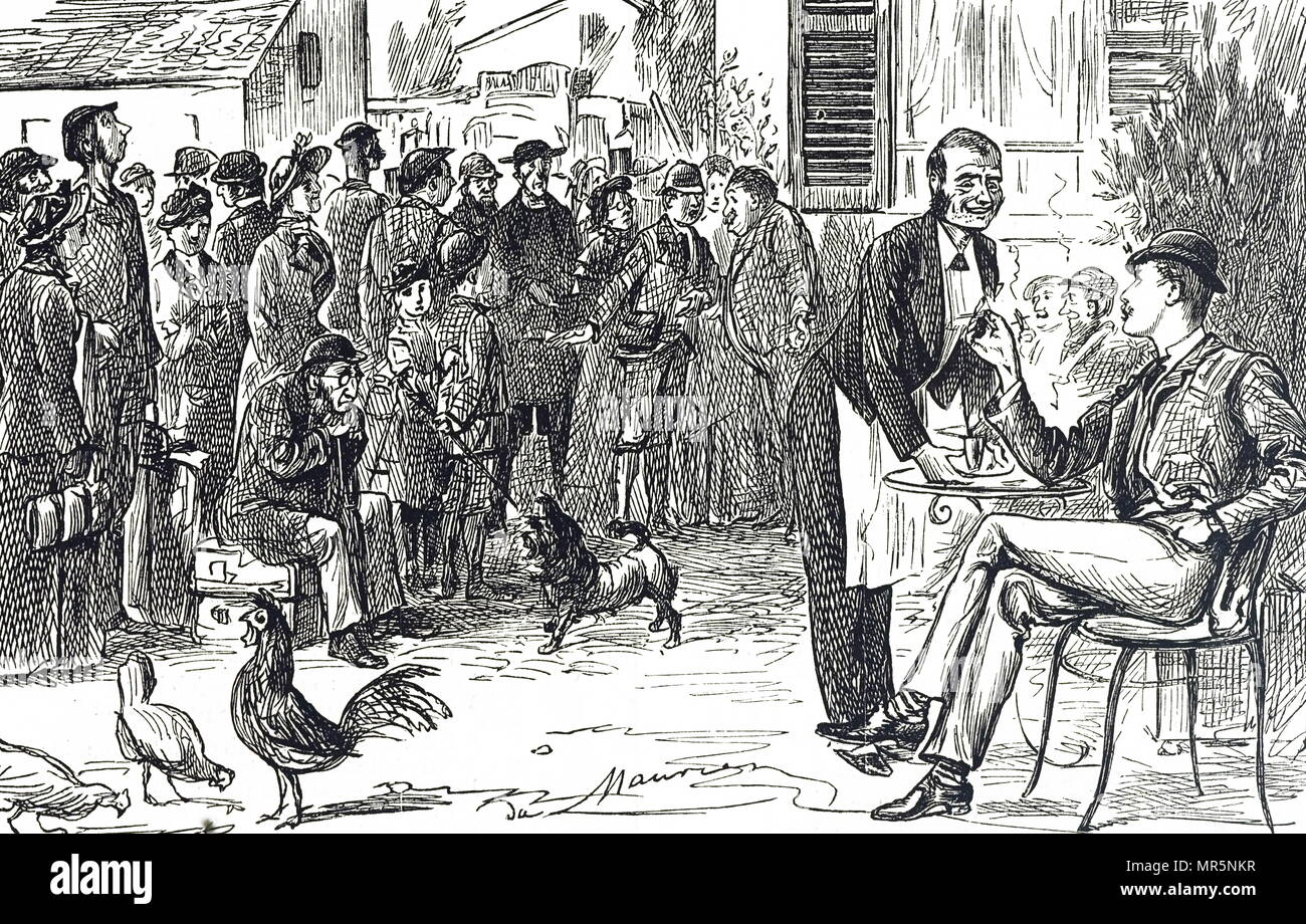 Caricatura de los primeros días de la visita guiada de Thomas Cook. Ilustrado por George Du Maurier (1834-1896) un caricaturista francobritánica y autor. Fecha del siglo XIX Foto de stock