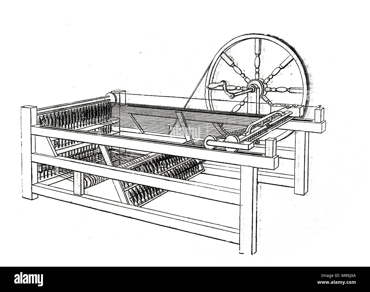 Grabado representando James Hargreaves' Spinning Jenny. El spinning jenny es un hilado de husillo múltiple frame, y fue uno de los acontecimientos clave en la industrialización de tejido durante la primera Revolución Industrial. Fecha del siglo XIX Foto de stock