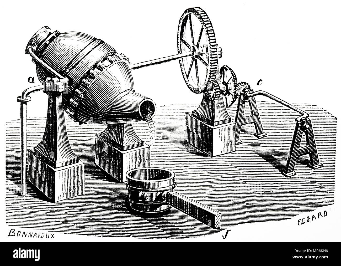 Grabado representando el proceso Bessemer para la producción masiva de  acero a partir de arrabio líquido antes del desarrollo de la Chimenea Horno.  Nombrado después de Henry Bessemer (1813-1898), un inventor Inglés.
