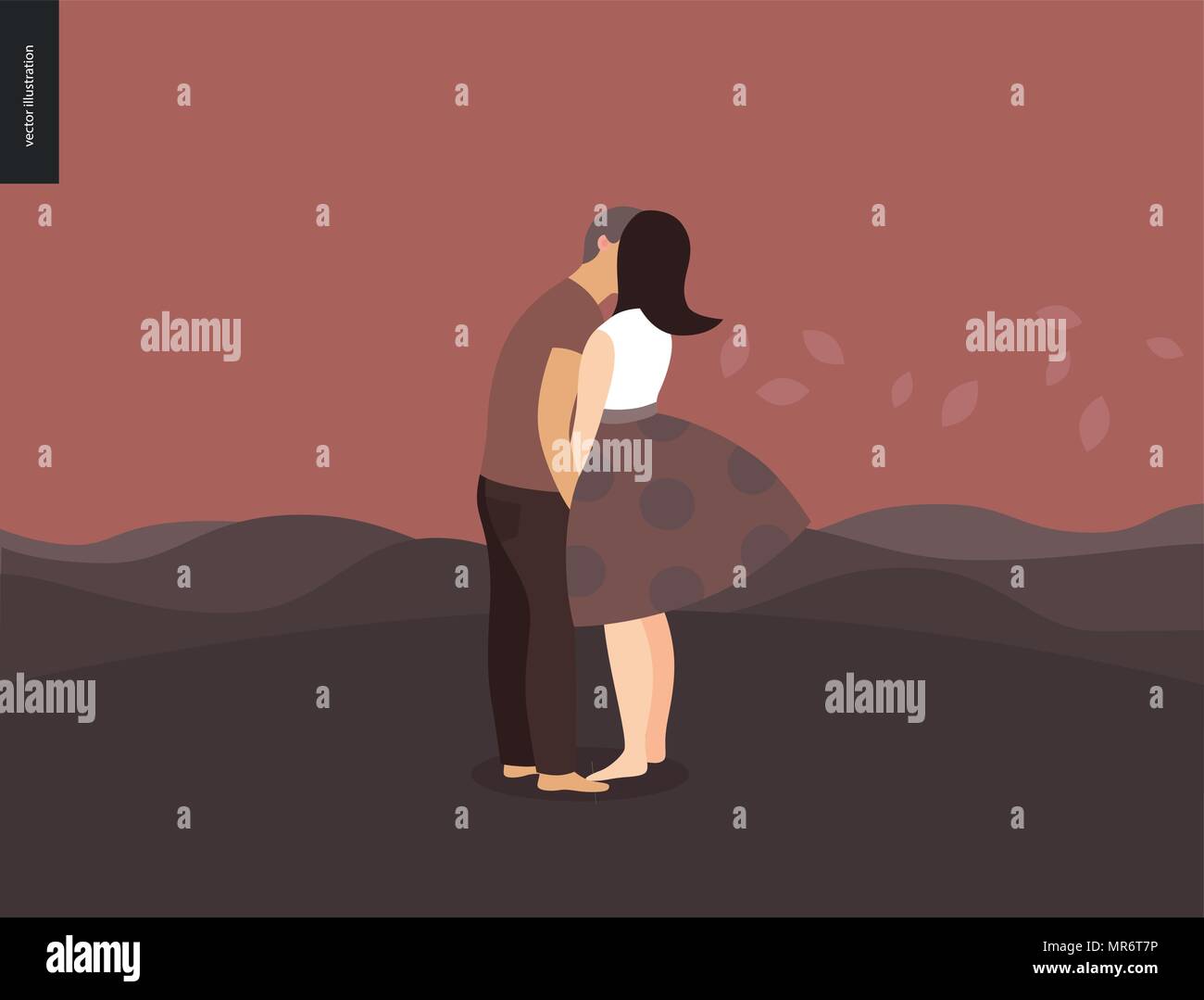 Besando escena - plano cartoon ilustración vectorial de la joven pareja, novio y novia, besos, la romántica escena con colinas rojas, hojas y mounain Ilustración del Vector