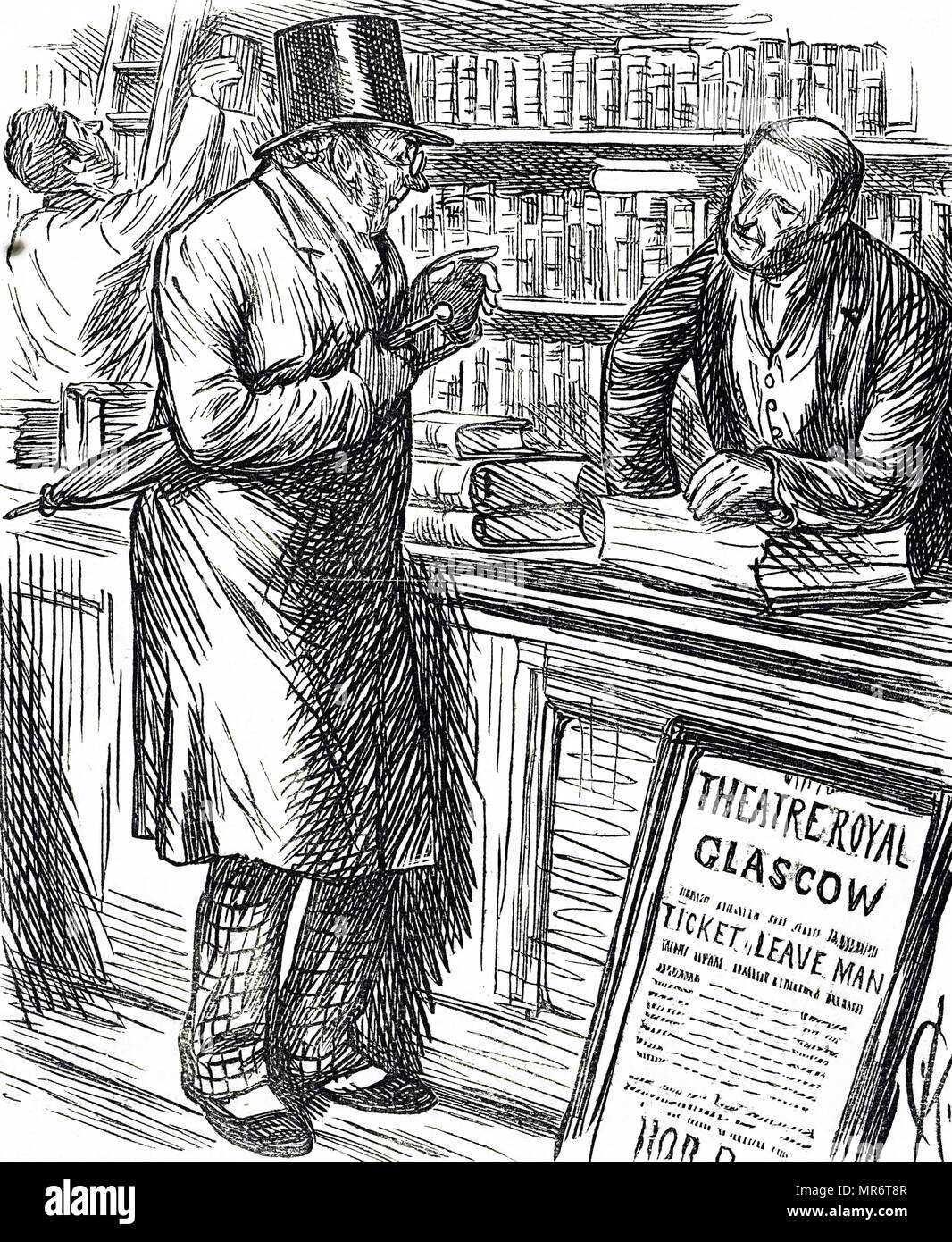 Caricatura de un archivador que hablando con un cliente sobre el cuero usado. Fecha del siglo XIX Foto de stock