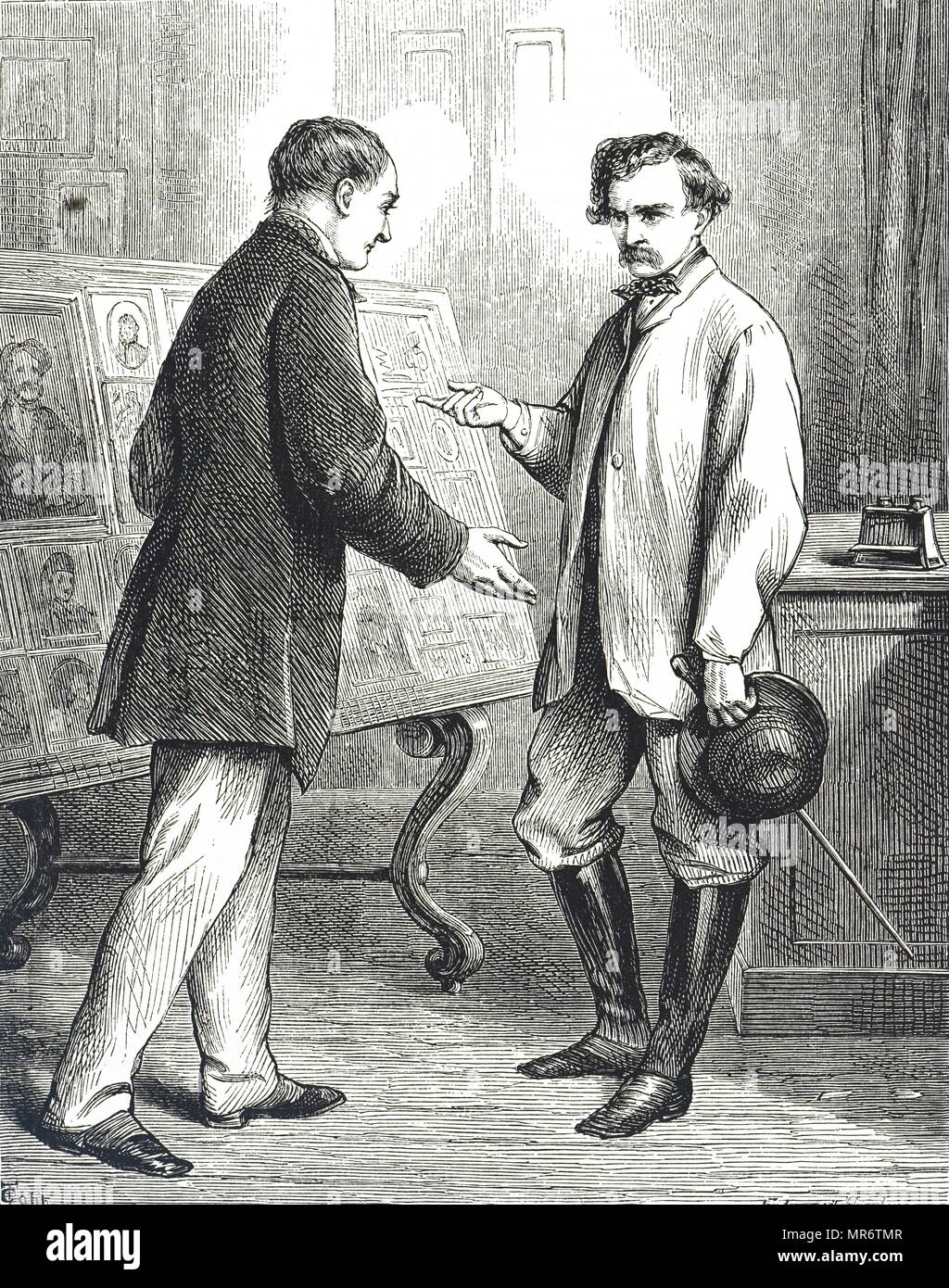 Grabado representando a un cliente examinar una muestra imágenes del fotógrafo. Ilustrado por Edward Hughes (1832-1908), un artista británico. Fecha del siglo XIX Foto de stock
