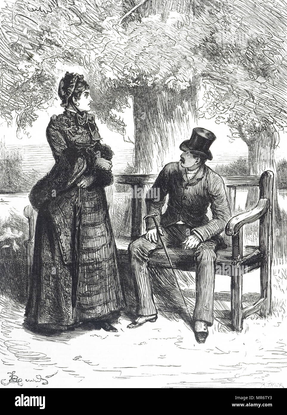 Ilustración representando a un hombre sentado en un banco de madera. Ilustrado por Fred Barnard (1846-1896), un ilustrador Inglés Victoriano, caricaturista y pintor de género. Fecha del siglo XIX Foto de stock