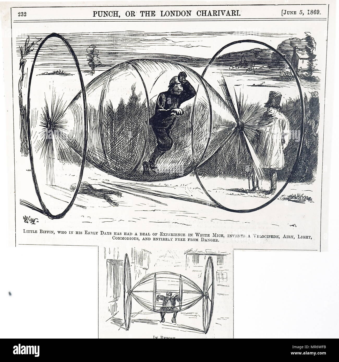 Cartoon comentando otro ingenioso diseño para una bicicleta. Fecha del siglo XIX Foto de stock