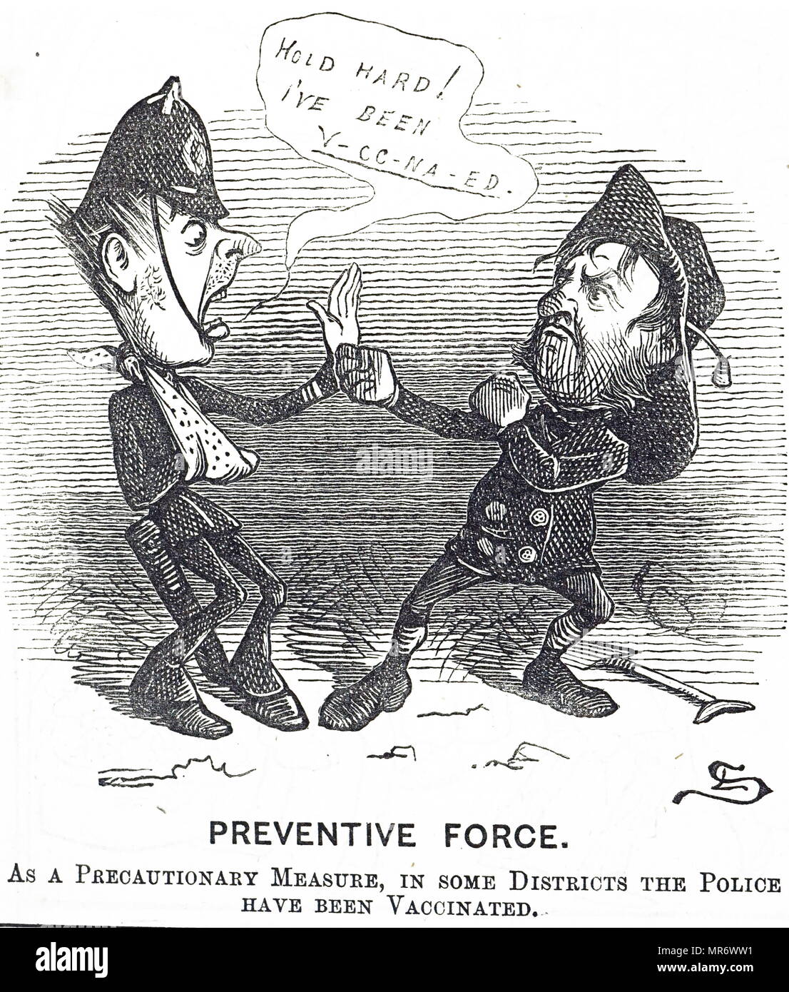 Caricatura de un policía vacunados pidiendo la dulzura de un rufián. Fecha del siglo XIX Foto de stock