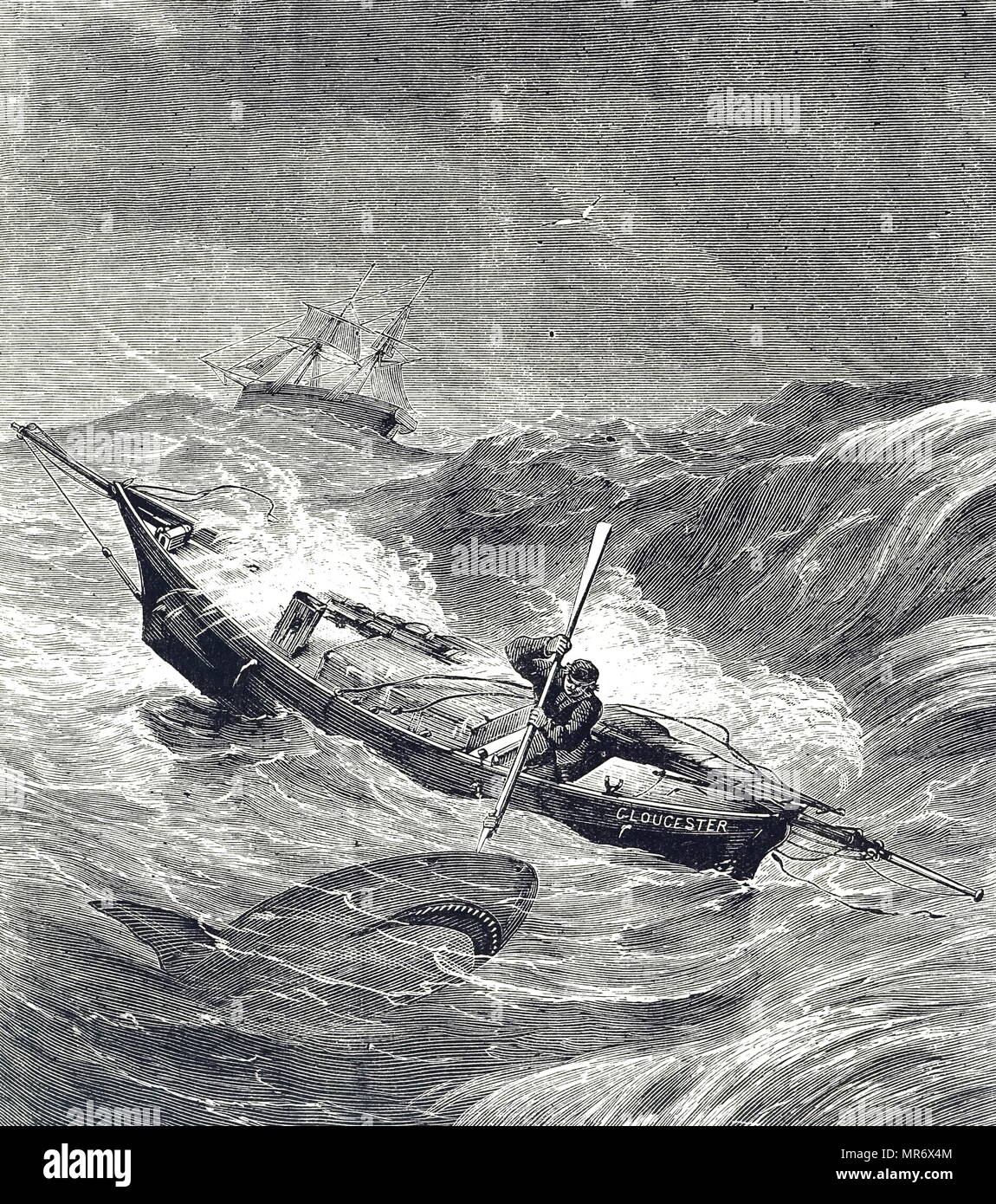 Grabado representando Alfred Johnson combatiendo un tiburón durante su