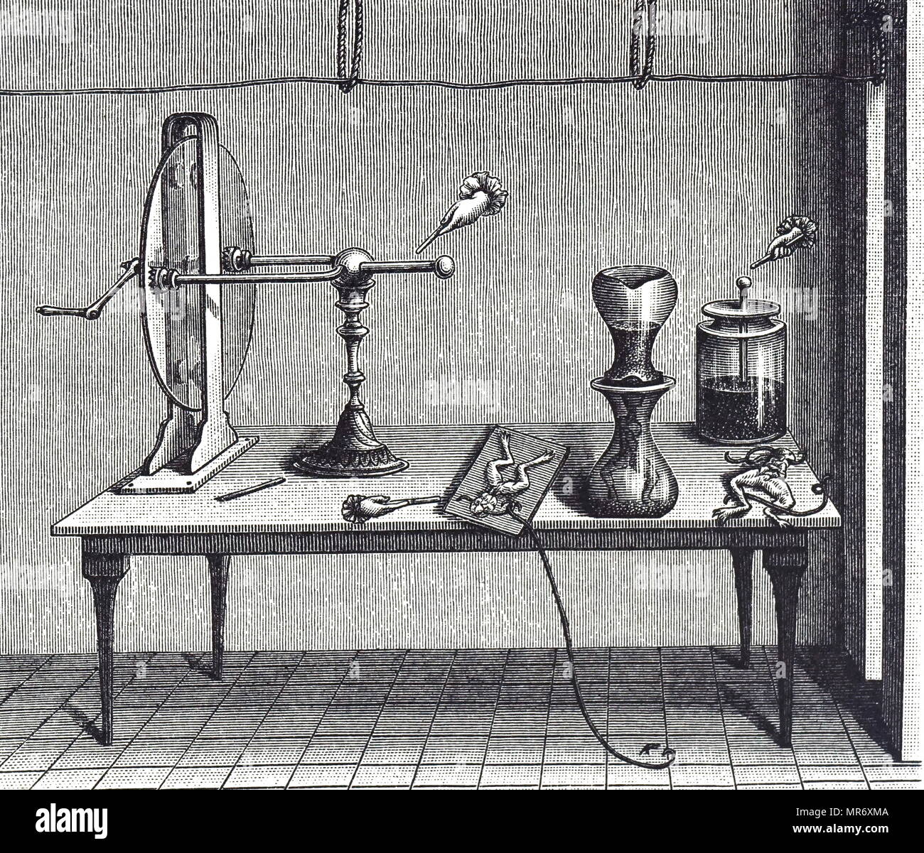 Grabado representando Luigi Galvani del experimento que investiga el comportamiento de los músculos estimulados por electricidad. Luigi Galvani (1737-1798), un médico italiano, el físico, el biólogo y filósofo. Fecha del siglo xviii Foto de stock