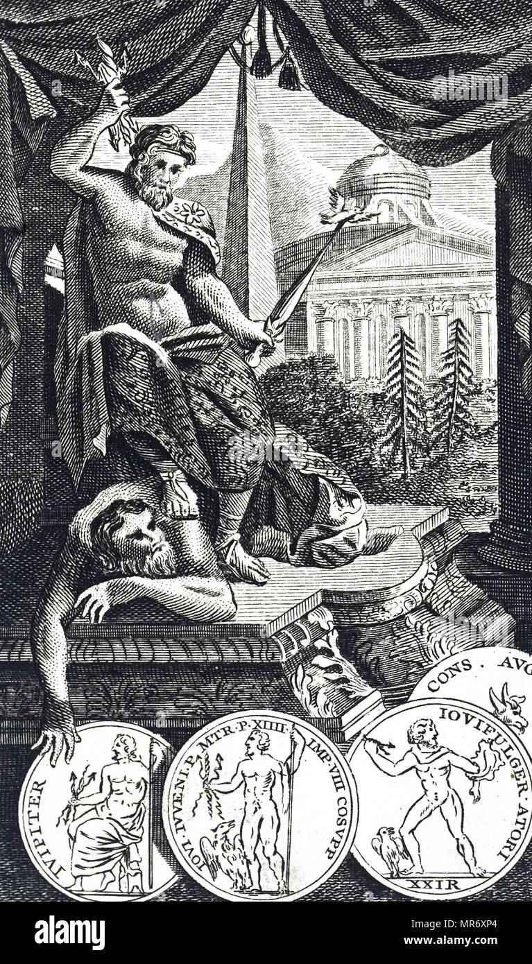 El grabado representa Júpiter (o Jove) el supremo dios romano (Zeus de los griegos), hijo de Saturno (Crono Griego) quien es destronar. Señor del cielo y de la portadora de la luz- en su mano derecha sostiene un rayo. Fecha del siglo xviii Foto de stock