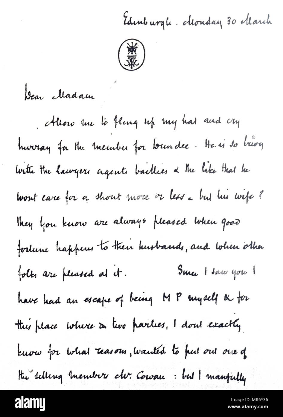 Facsímile de una carta escrita por William Makepeace Thackeray. William Makepeace Thackeray (1811-1863), un novelista británico y autor. Fecha del siglo XIX Foto de stock