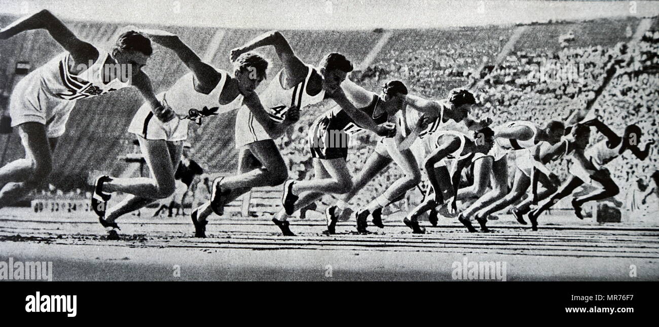 Fotografía tomada en el inicio de la carrera de 800 metros en los Juegos Olímpicos de 1932 donde Tommy Hampson desde Inglaterra pasó a ganar. Foto de stock