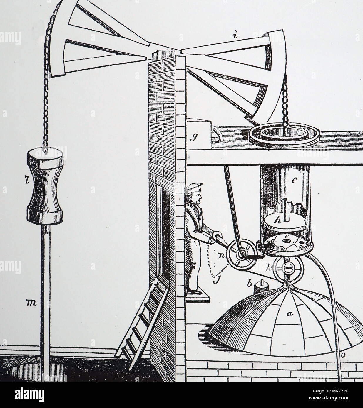 Grabado representando Thomas Newcomen atmosférica del motor a vapor, 1705.  La caldera está en A) y H), el pistón es empujado por el vapor hasta el  cilindro abierto C): desciende debido a