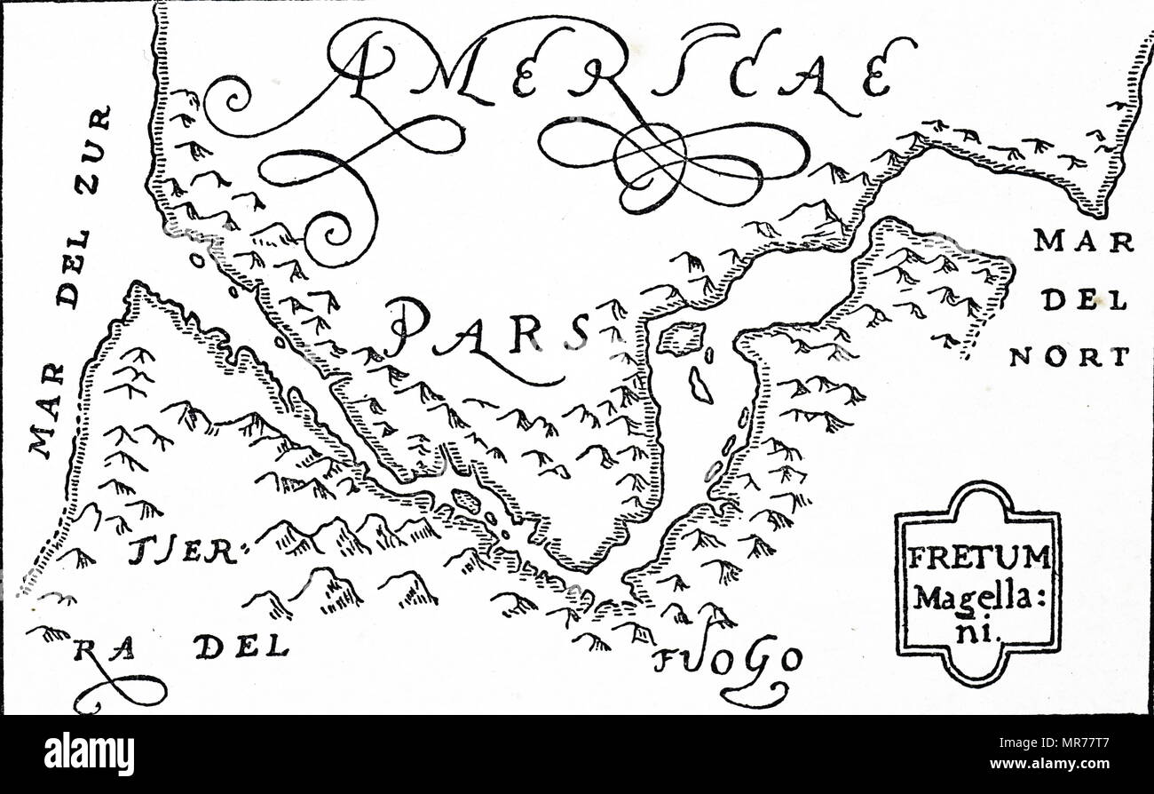 Xilografía grabado sobre la base de Jodocus Hondius' Mapa mostrando el  estrecho de Magallanes y Tierra del Fueogo. Atravesó el Estrecho de  Magallanes y el Cabo de Hornos redondos durante su viaje