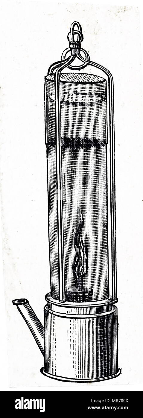 Lámpara de seguridad de Davy, mostrando la llama rodeado de metálica. 1881. Foto de stock