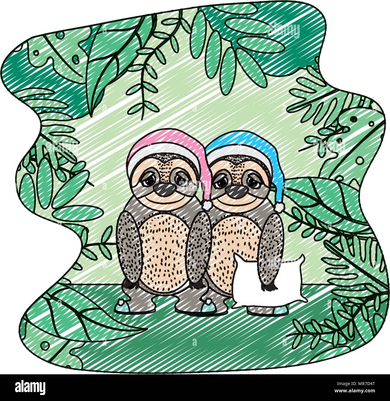 Doodle par sloth animal con almohada y hat Ilustración del Vector