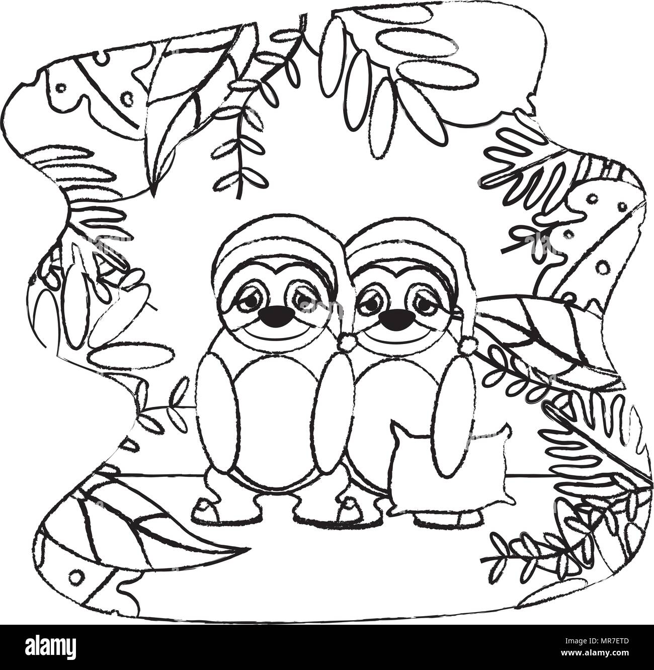 Grunge par sloth animal con almohada y hat Ilustración del Vector