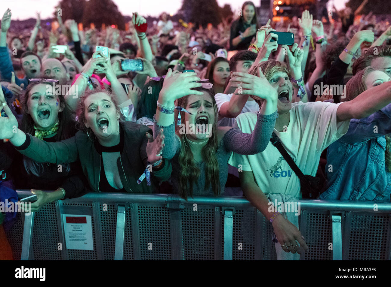 Los fans de la música fanáticos vitoreando al 1975 en Latitude Festival 2017. Henham Park, en Suffolk, Reino Unido. En el año 1975, música fangirls fans, adolescentes fanáticos de la música. Foto de stock