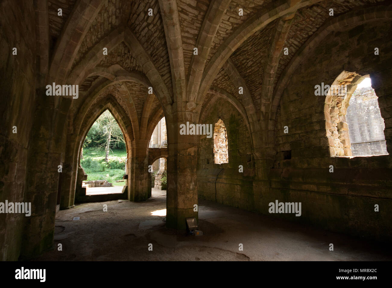La arquitectura gótica en el interior de las ruinas de un monasterio de Fountains Abbey, Ripon, UK Foto de stock