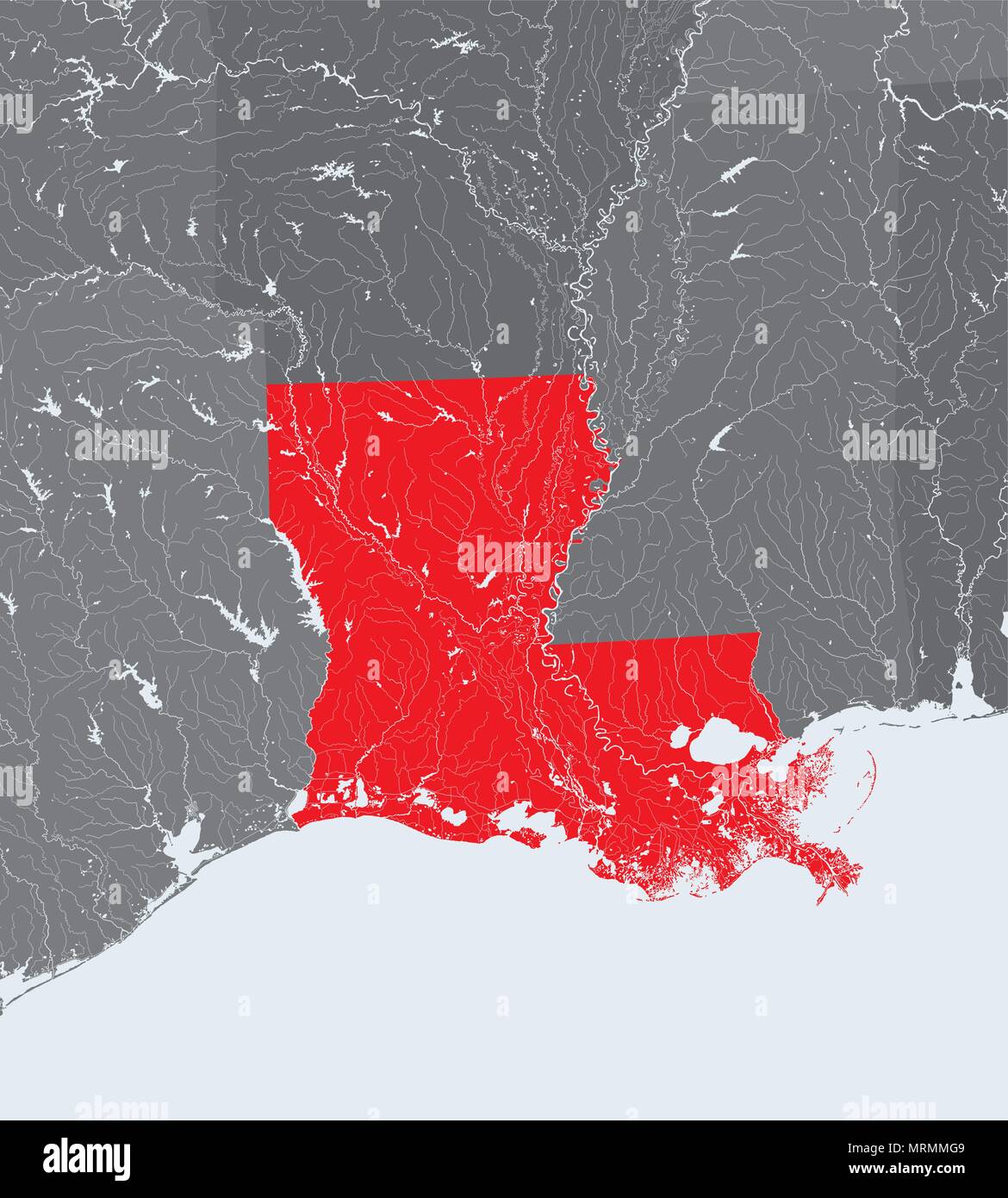 Estados Unidos - mapa de Louisiana. Hecho a mano. Los ríos y lagos son mostradas. Por favor mire mis otras imágenes de la serie cartográfica - todos ellos son muy precisos Ilustración del Vector