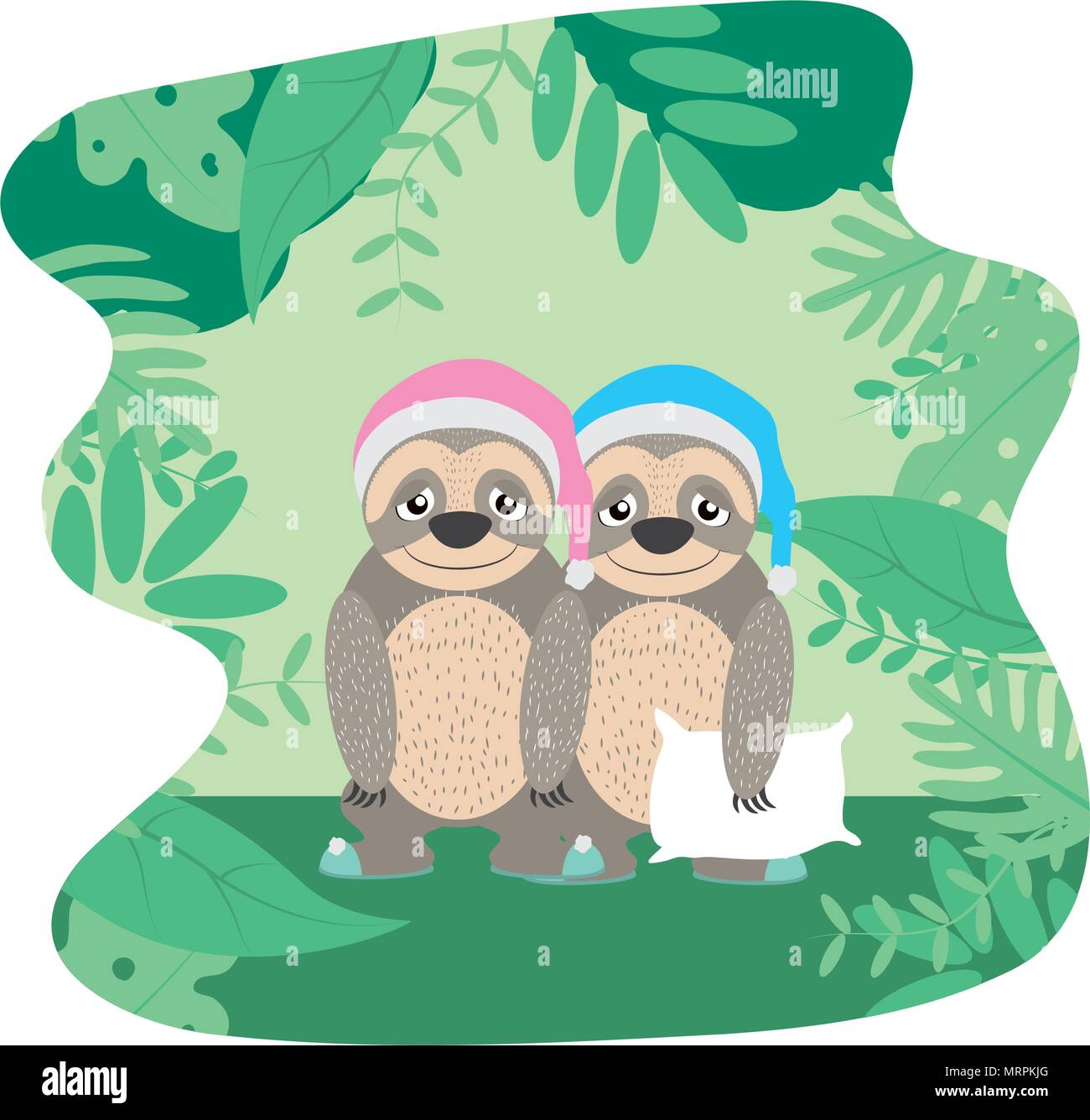 Par de pereza animal con almohada y hat Ilustración del Vector