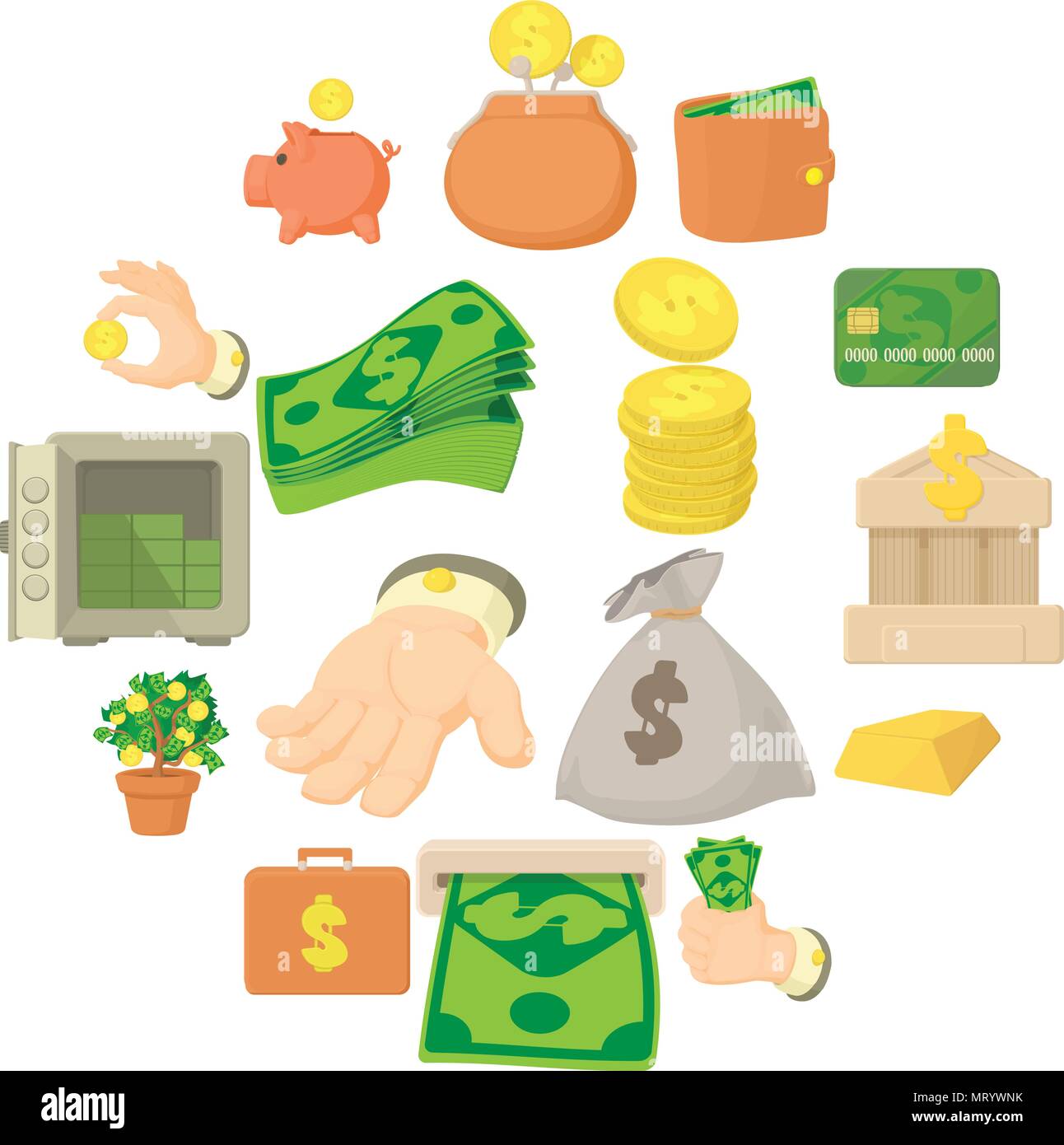 Tipos de dinero, los iconos de estilo de dibujos animados Imagen Vector de  stock - Alamy