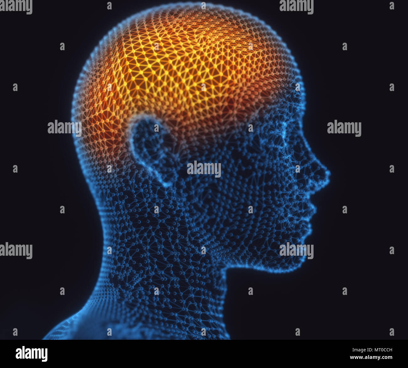 Ilustración 3D. Cerebro Humano en una estructura de conexiones poligonal representa el poder de la mente. Foto de stock