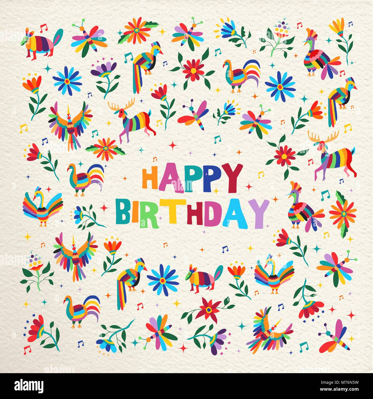 Feliz cumpleaños con un colorido diseño estilo otomí primavera de flores y animales en la textura del papel de fondo. Ideal para la invitación a una fiesta o tarjeta de felicitación. E Ilustración del Vector