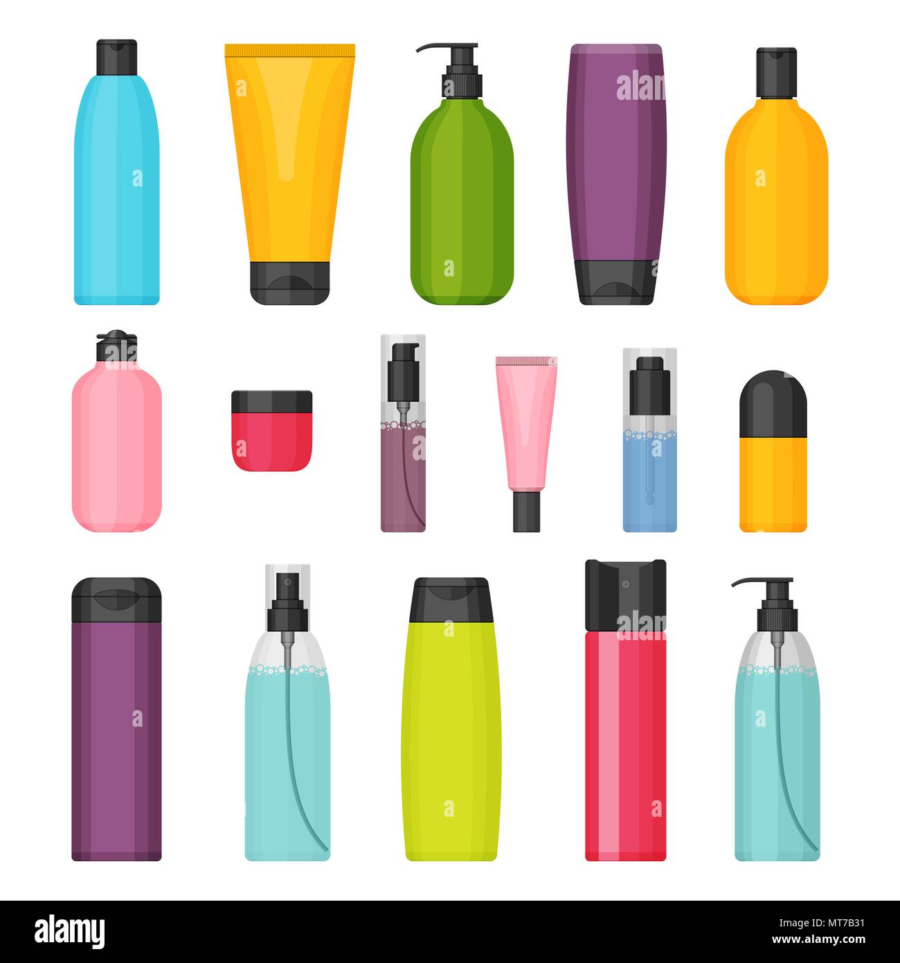 Conjunto de planos vectoriales coloridas botellas de cosméticos Ilustración del Vector
