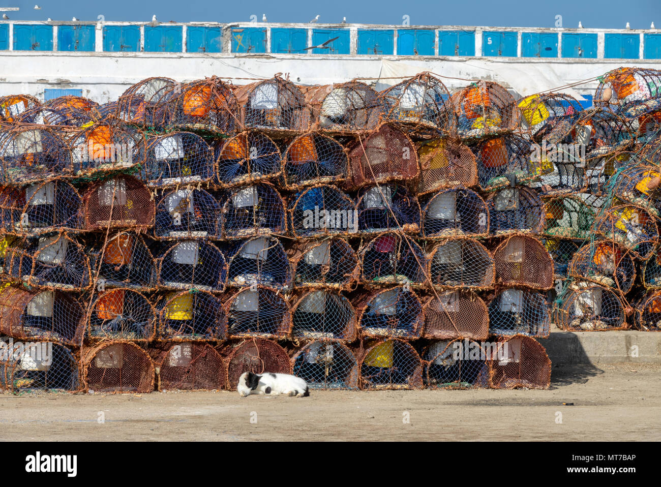 Pila de trampas de cangrejo es puerto de Essaouira Foto de stock
